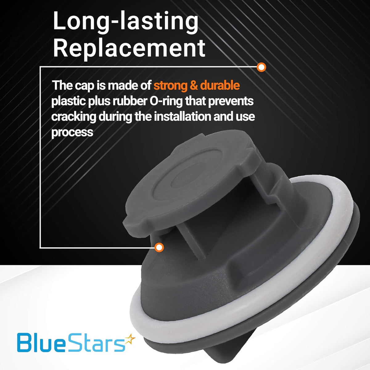 Close-up of 8564929 dishwasher rinse aid cap with durable plastic construction and rubber O-ring seal.