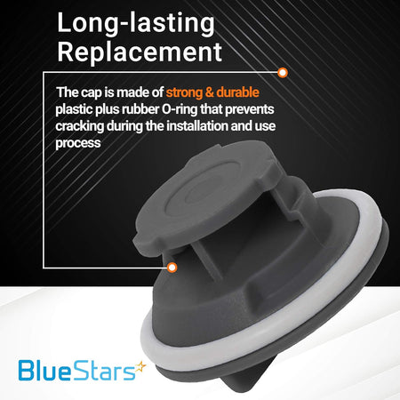 Close-up of 8564929 dishwasher rinse aid cap with durable plastic construction and rubber O-ring seal.