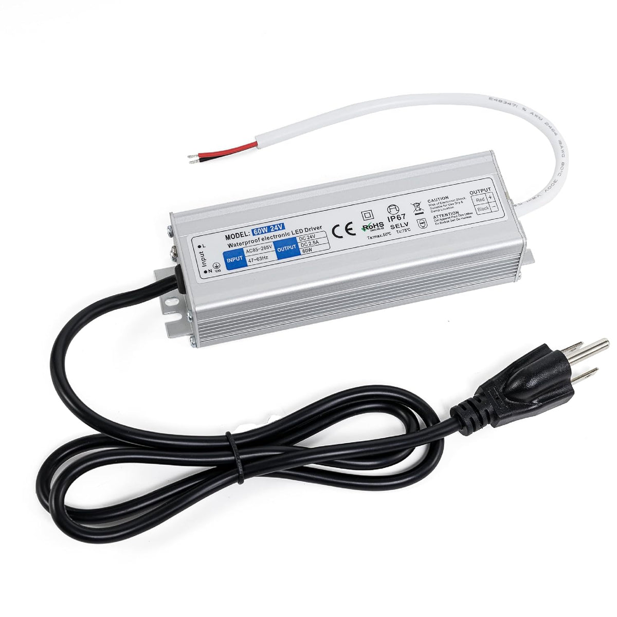 60W 24V waterproof LED power supply driver with AC input plug and DC output wires.