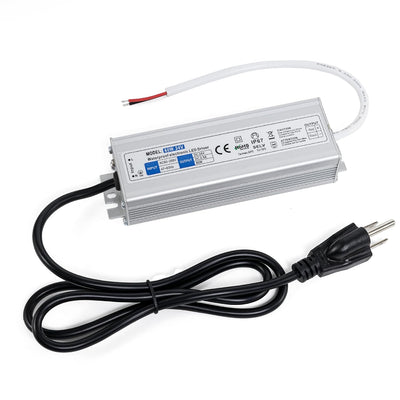 60W 24V waterproof LED power supply driver with AC input plug and DC output wires.
