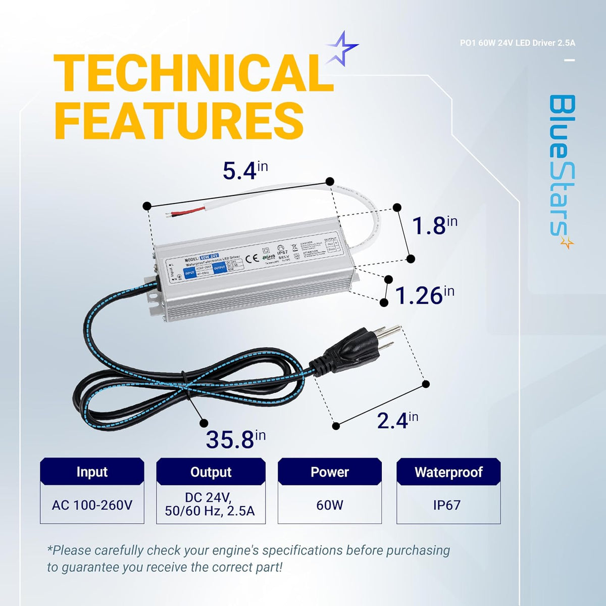 Technical specification diagram of 60W 24V waterproof LED power supply driver with dimensions.
