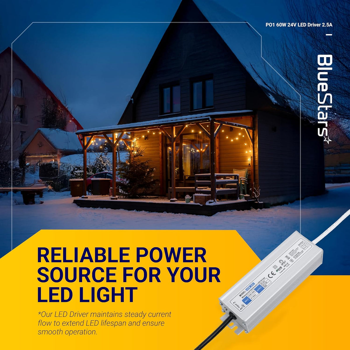 60W 24V waterproof LED power supply driver for outdoor lighting applications.