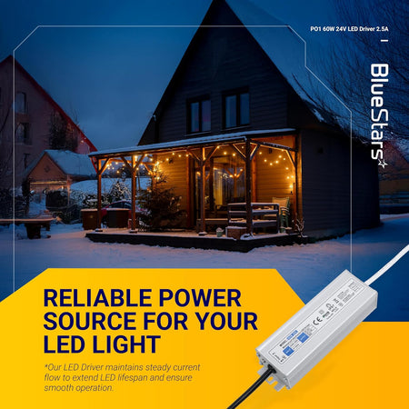 60W 24V waterproof LED power supply driver for outdoor lighting applications.