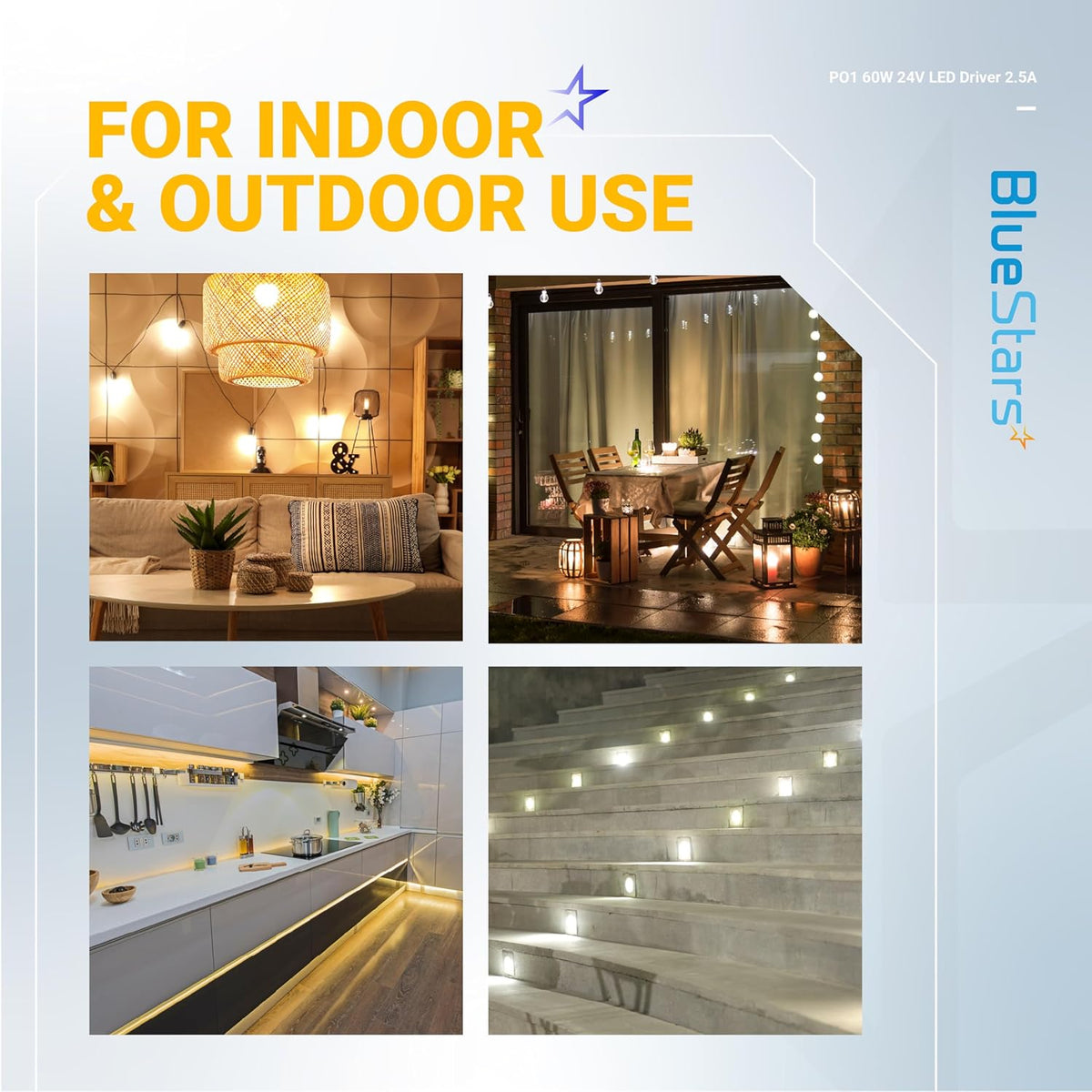 Collage showing indoor and outdoor LED lighting applications for 60W 24V waterproof power supply driver.