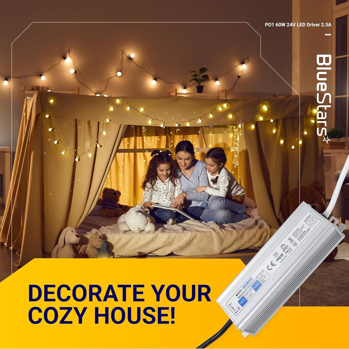 60W 24V LED power supply driver powering decorative string lights in a cozy indoor tent setting.