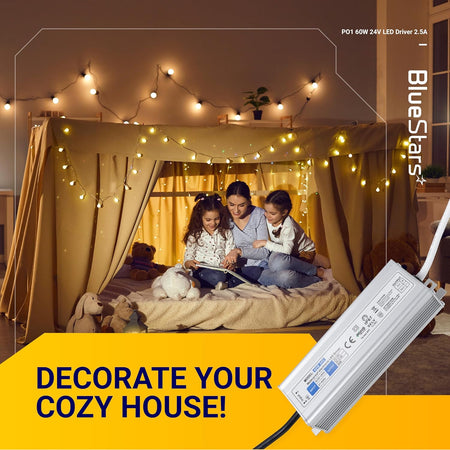 60W 24V LED power supply driver powering decorative string lights in a cozy indoor tent setting.