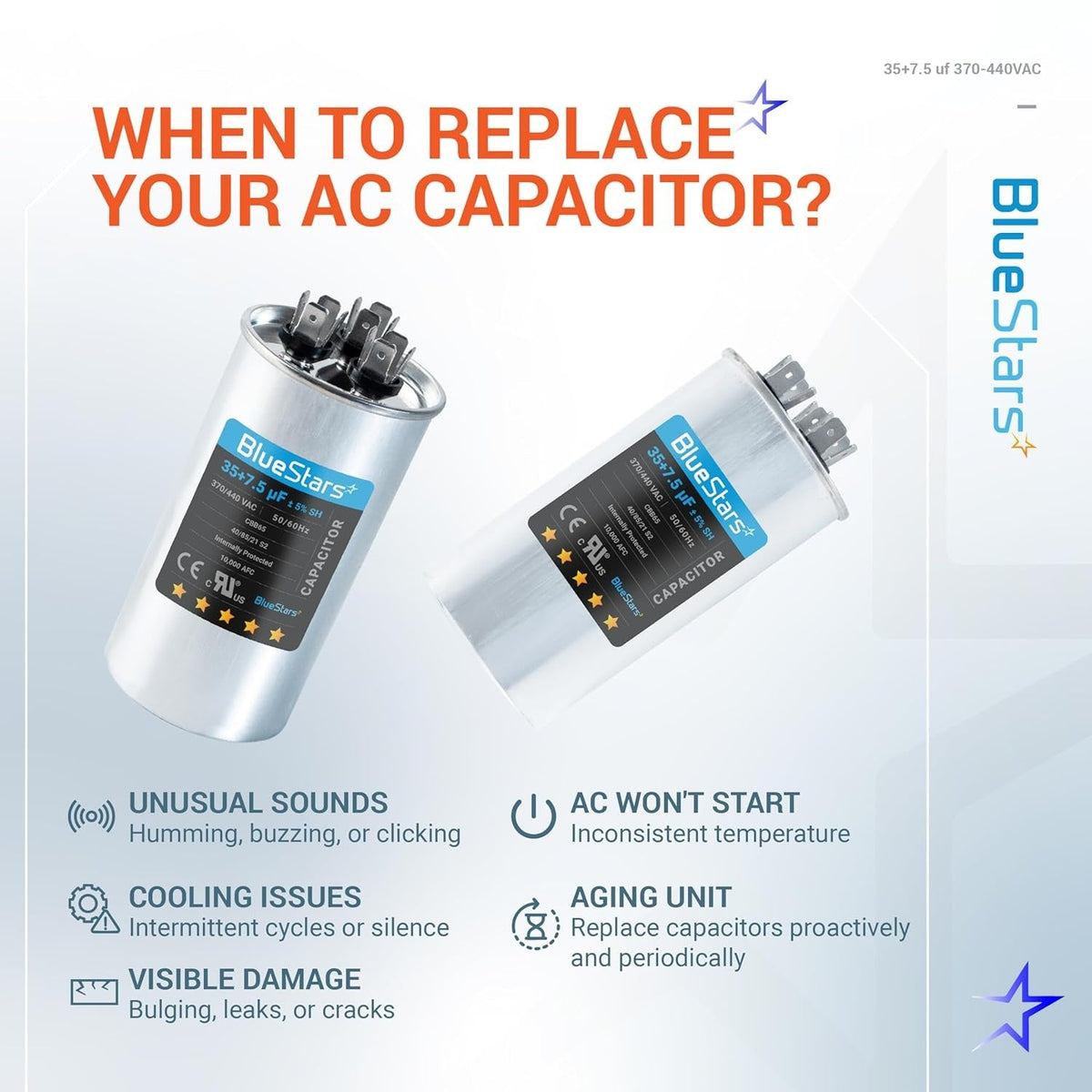 Infographic showing when to replace a 35+7.5 uF 370/440 VAC dual run AC capacitor due to common failure symptoms.