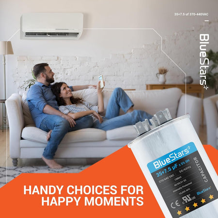 35+7.5 uF dual run capacitor for AC and heat pump systems shown with a couple relaxing in a living room.