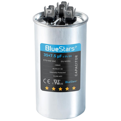 BlueStars 35+7.5 uF 370/440 VAC dual run capacitor for AC motors and heat pumps.