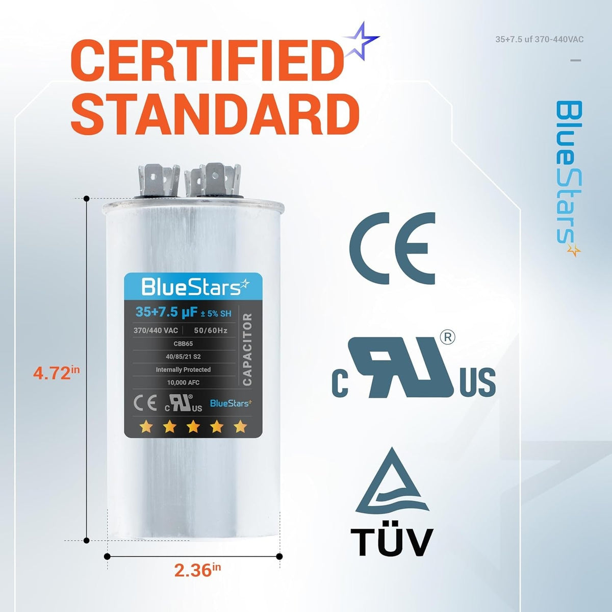 35+7.5 uF 370/440 VAC dual run capacitor with dimensions and safety certification labels.