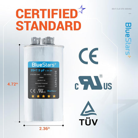 35+7.5 uF 370/440 VAC dual run capacitor with dimensions and safety certification labels.