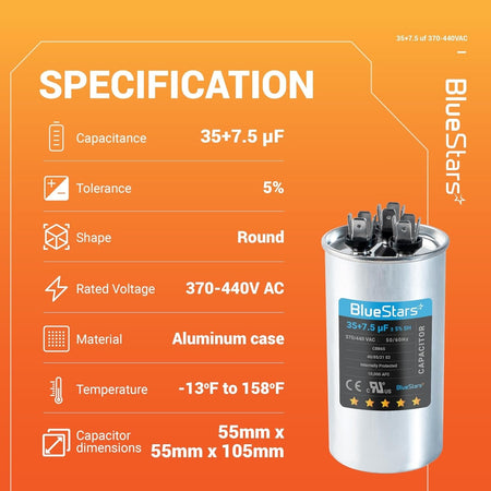 Specification chart for 35+7.5 uF 370/440 VAC dual run capacitor with technical dimensions and features.