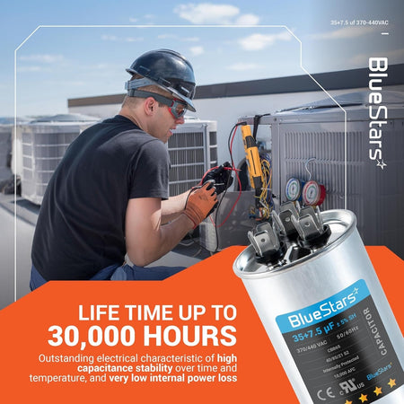 BlueStars 35+7.5 uF 370/440 VAC dual run capacitor for AC motor and heat pump repair.