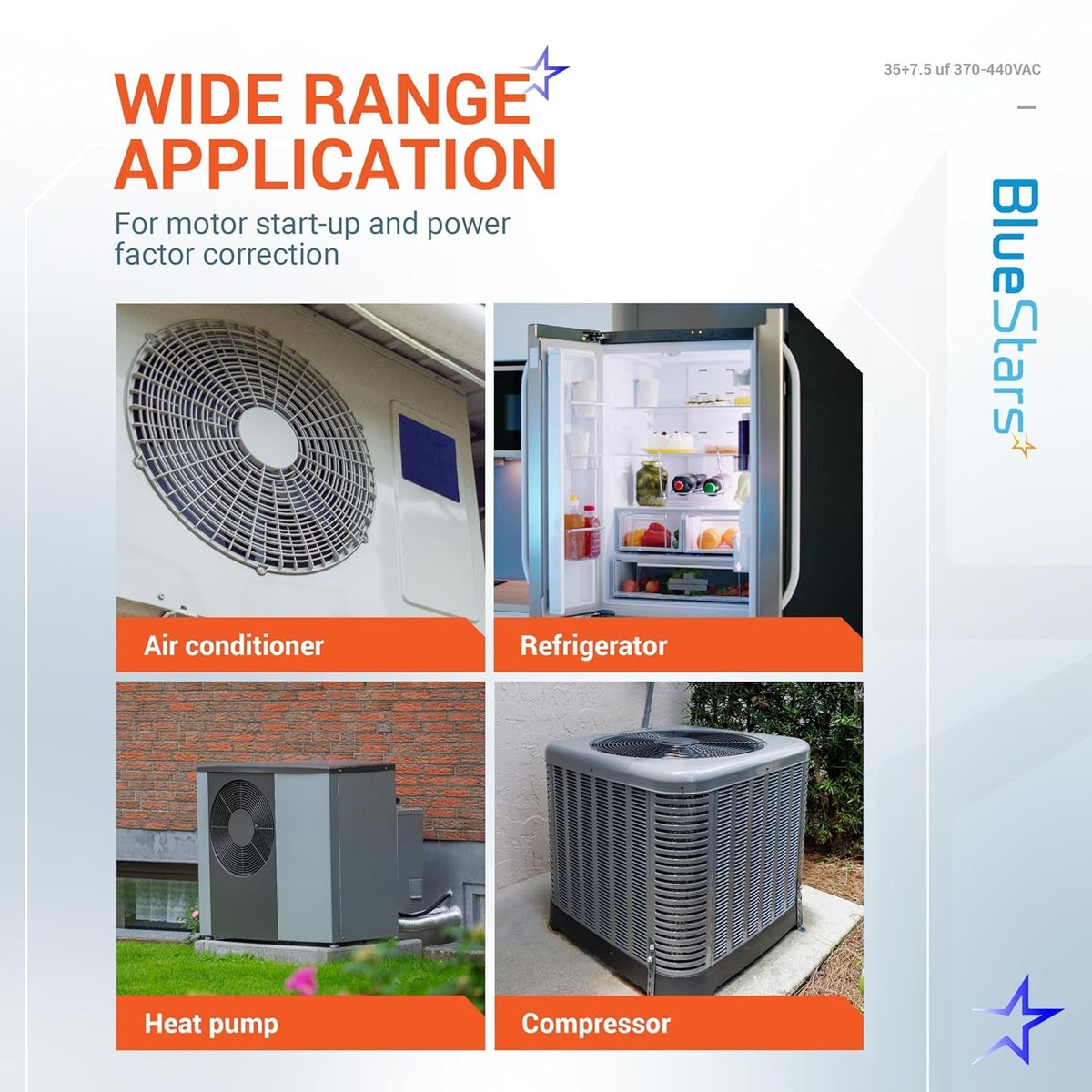 Infographic showing wide range applications for 35+7.5 uF dual run capacitor in AC, refrigerator, heat pump, and compressor.