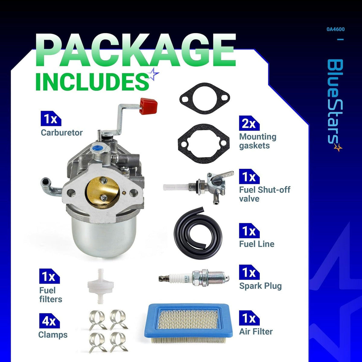 0A4600 Nikki carburetor kit for Generac including gaskets, fuel valve, fuel line, spark plug, air filter, and clamps.