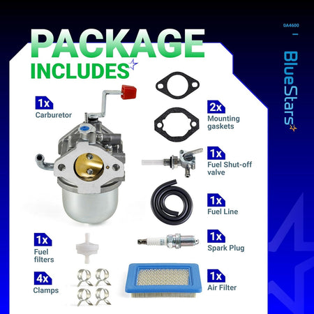 0A4600 Nikki carburetor kit for Generac including gaskets, fuel valve, fuel line, spark plug, air filter, and clamps.