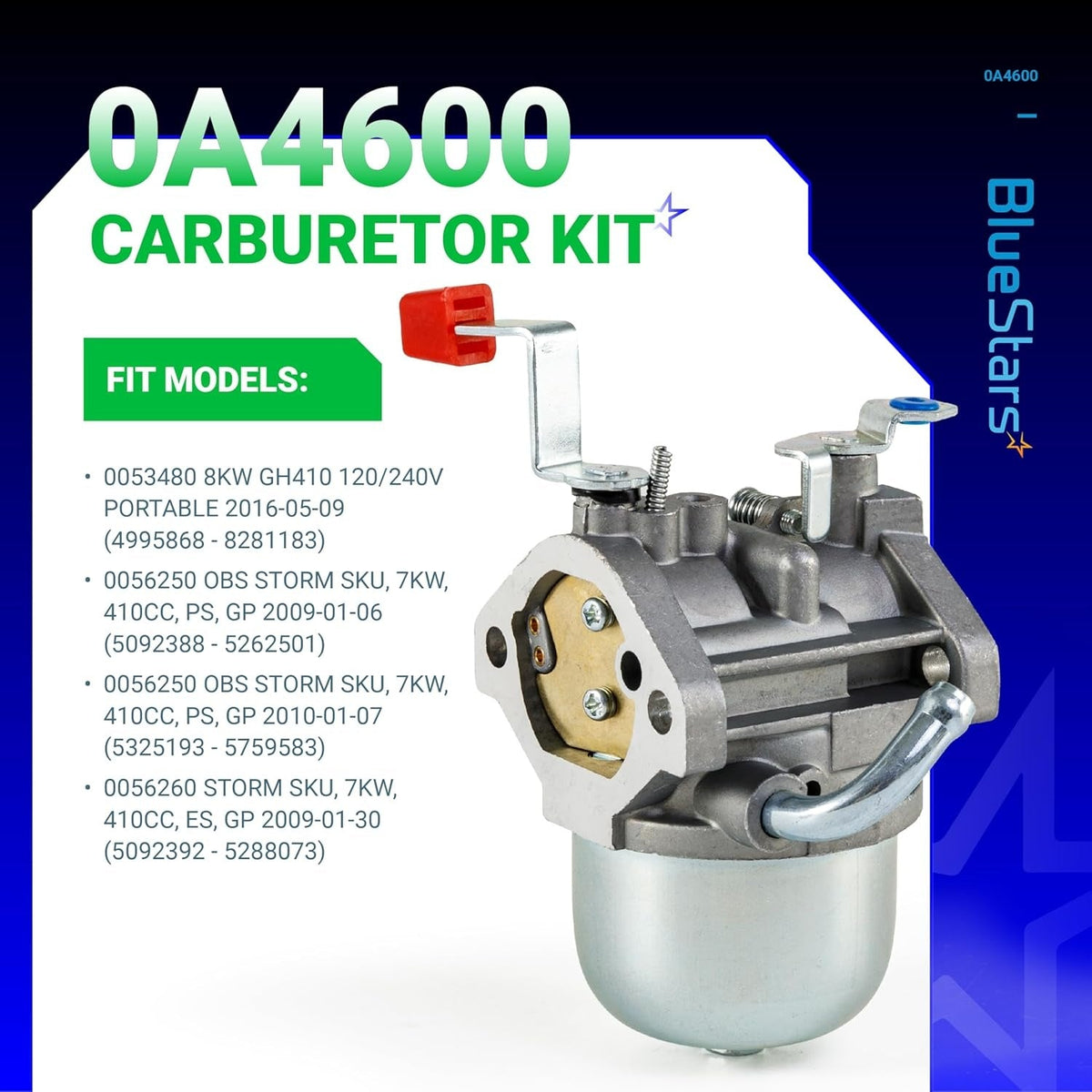 0A4600 replacement carburetor for Generac Nikki engines with fitment model list.