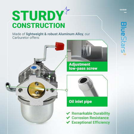 Infographic showing 0A4600 carburetor for Generac with close-ups of the adjustment screw and oil inlet pipe.