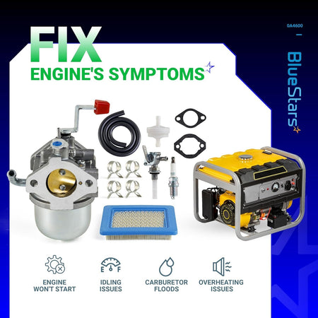0A4600 carburetor replacement kit for Generac generators including air filter, fuel line, and spark plug accessories.