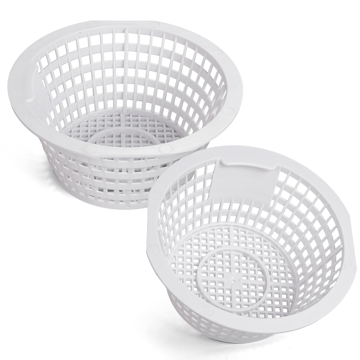 Two white 8928 replacement skimmer baskets for in-ground and above-ground swimming pool filters.
