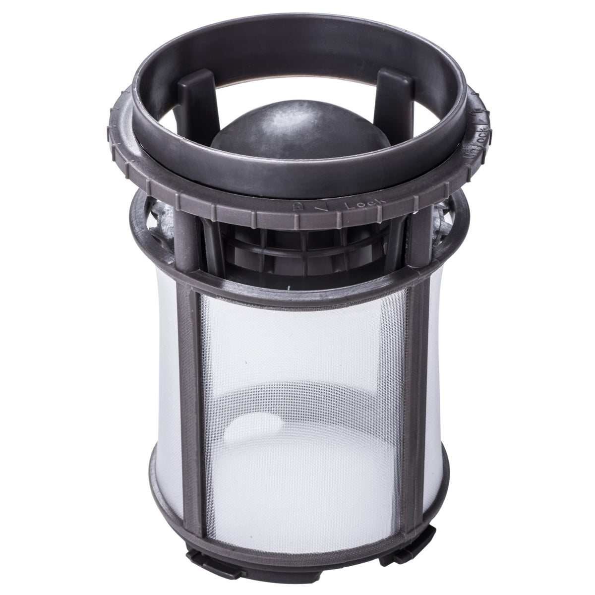 W10872845 dishwasher pump filter cup replacement with mesh screen for Whirlpool, Kenmore, and KitchenAid dishwashers.