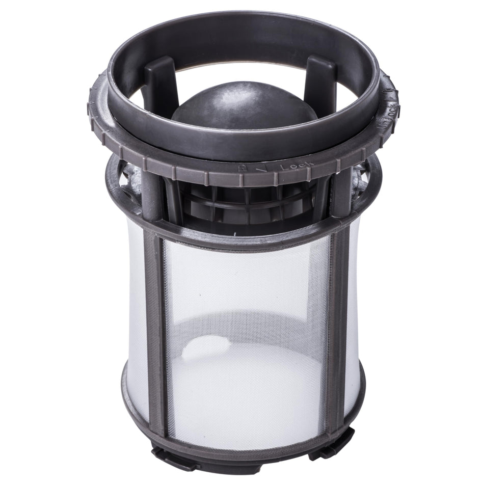 W10872845 dishwasher pump filter cup replacement with mesh screen for Whirlpool, Kenmore, and KitchenAid dishwashers.