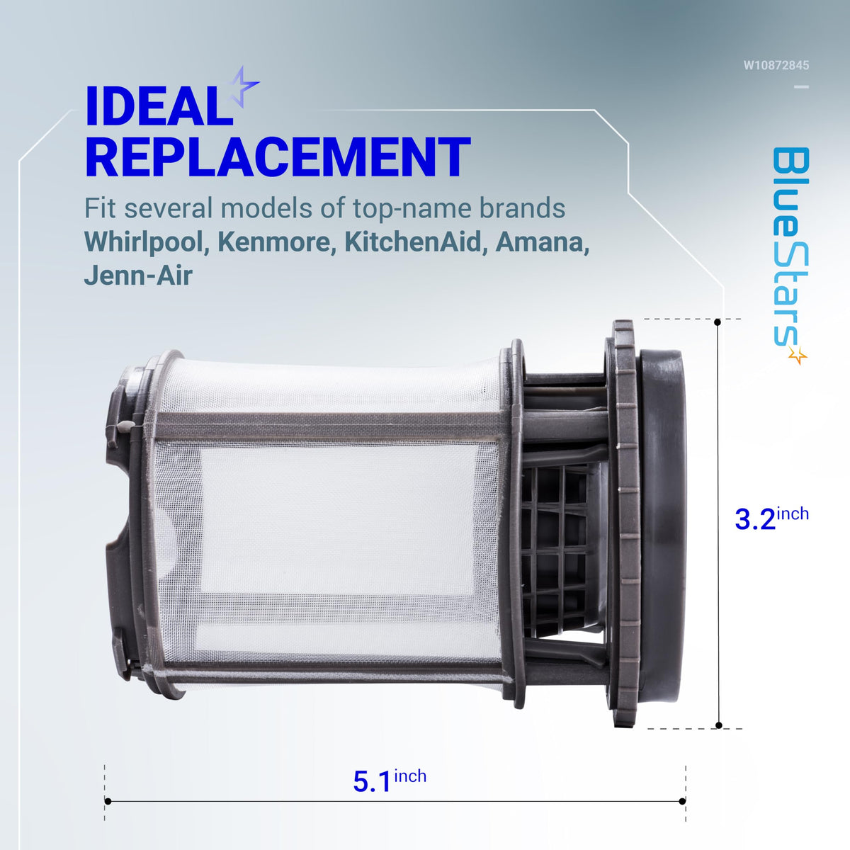 W10872845 dishwasher pump filter cup replacement with dimensions shown for Whirlpool, Kenmore, and KitchenAid dishwashers.