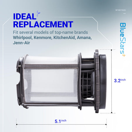 W10872845 dishwasher pump filter cup replacement with dimensions shown for Whirlpool, Kenmore, and KitchenAid dishwashers.