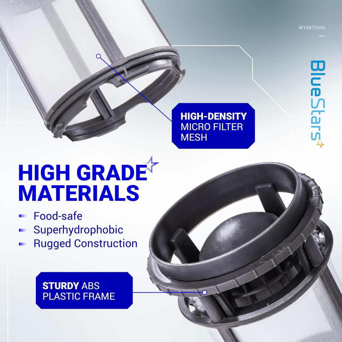W10872845 dishwasher pump filter cup showing high-density micro filter mesh and sturdy ABS plastic frame construction.