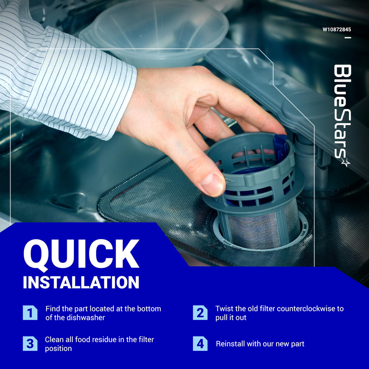 Hand installing W10872845 dishwasher pump filter cup with quick installation guide steps.