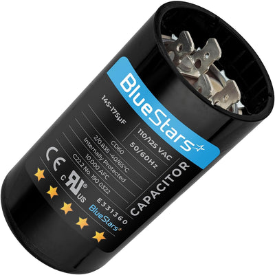 BlueStars 145-175 uF 110-125 VAC round start capacitor for AC condenser fans and electric motors.