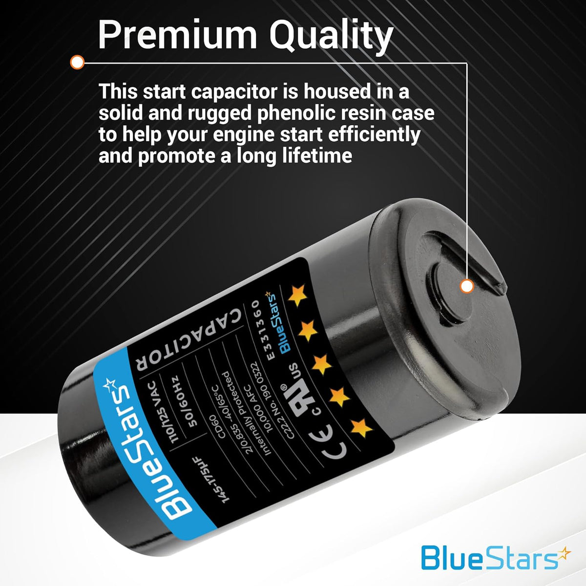 Close-up of 145-175 uF 110-125 VAC round start capacitor with phenolic resin case for AC condenser and electric motors.