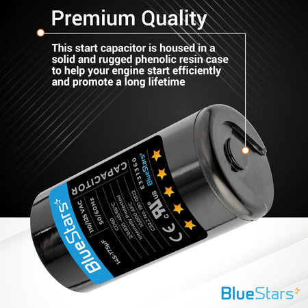 Close-up of 145-175 uF 110-125 VAC round start capacitor with phenolic resin case for AC condenser and electric motors.