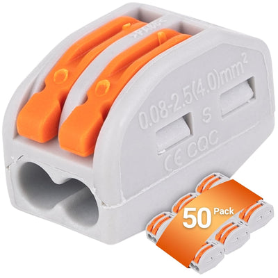 Close-up of a 2-port lever wire conductor connector with orange levers and 50-pack label.
