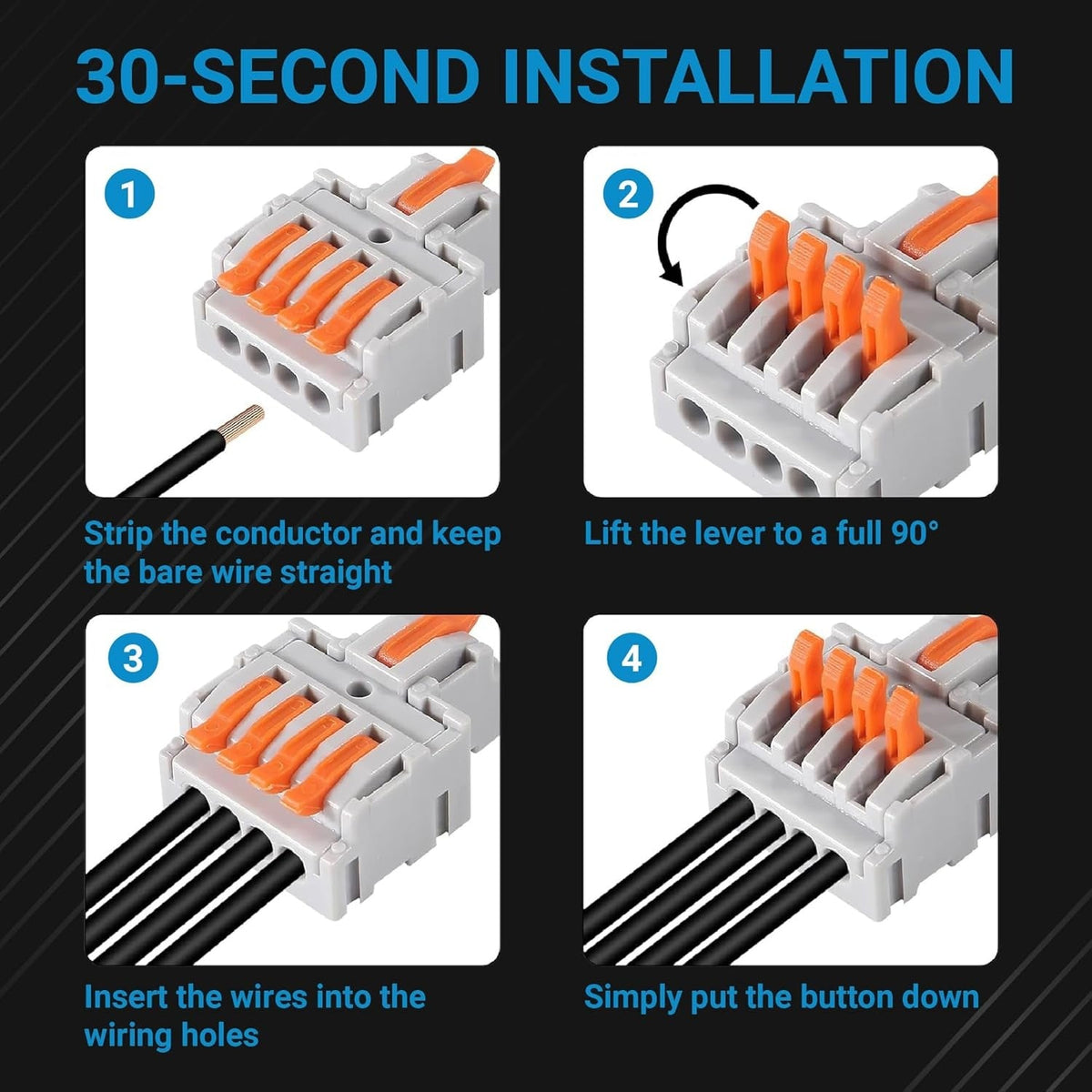 Four-step installation guide for lever-nut wire conductor showing how to strip, lift, insert, and secure wires.