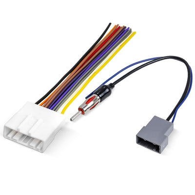 Car radio wiring harness and antenna adapter for Nissan, Infiniti, and Subaru vehicles.