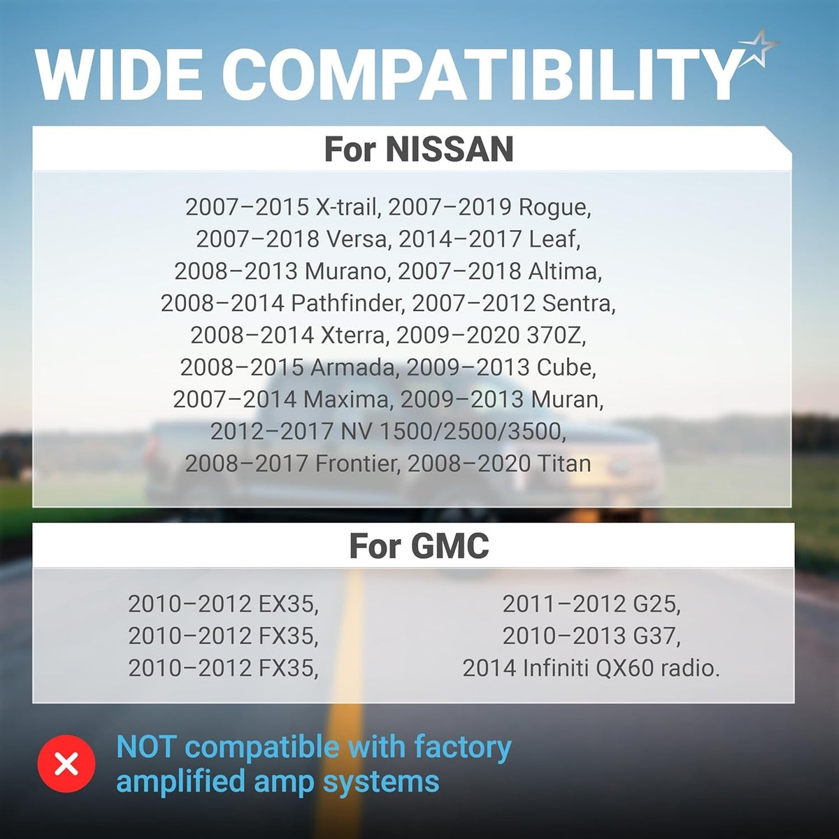 Compatibility chart for car radio wiring harness connector listing Nissan and GMC vehicle models.