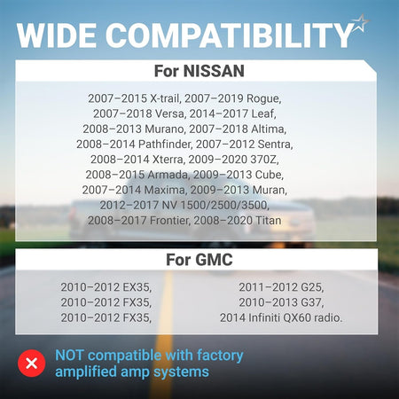 Compatibility chart for car radio wiring harness connector listing Nissan and GMC vehicle models.