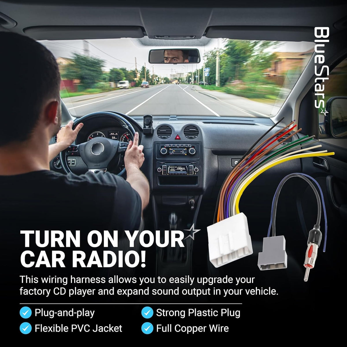 Car radio wiring harness connector with multi-colored wires and antenna adapter for Nissan, Infiniti, and Subaru.