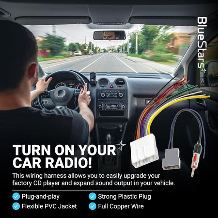 Car radio wiring harness connector with multi-colored wires and antenna adapter for Nissan, Infiniti, and Subaru.