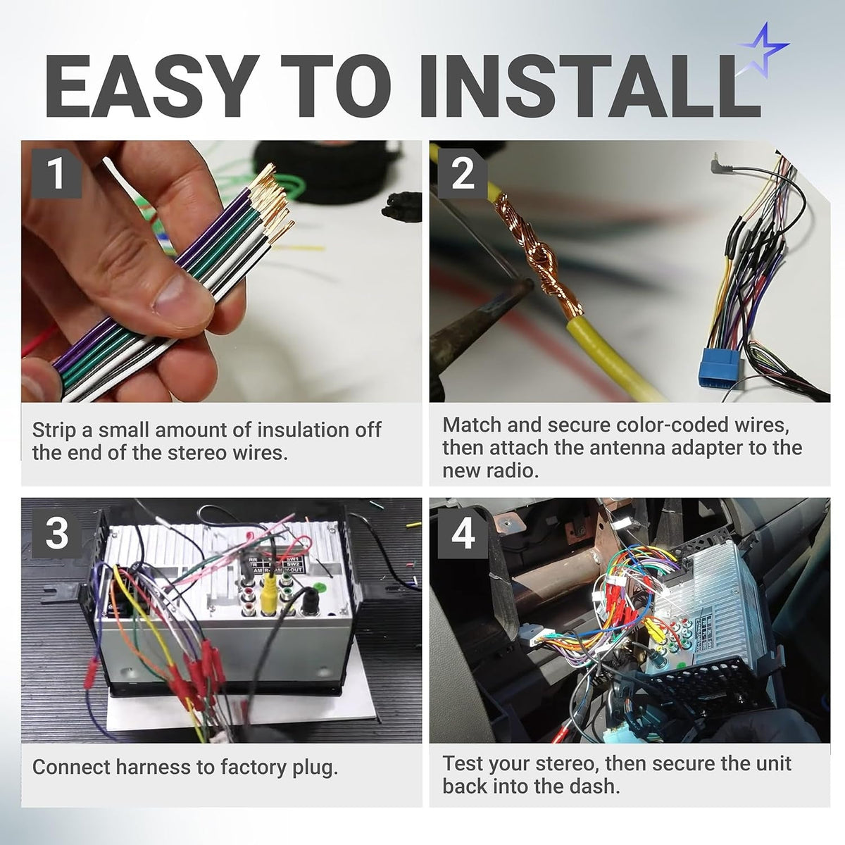 Four-step installation guide for car radio wiring harness connector for Nissan, Infiniti, and Subaru vehicles.