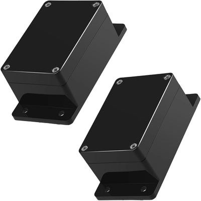 Two black IP65 ABS plastic project boxes with fixed mounting ears and screw-down lids.