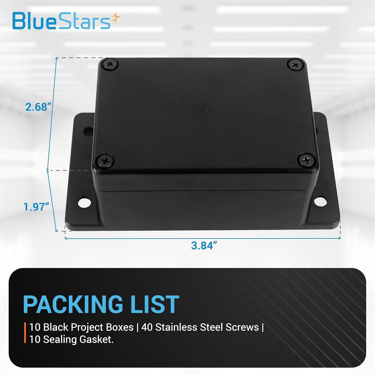 Single black ABS plastic project box with fixed mounting ears and dimensions labeled.