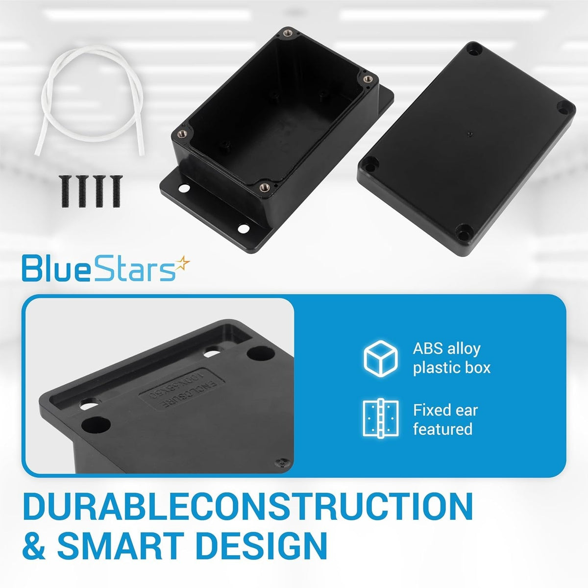 Black ABS plastic project box with fixed ears, including lid, screws, and sealing gasket.