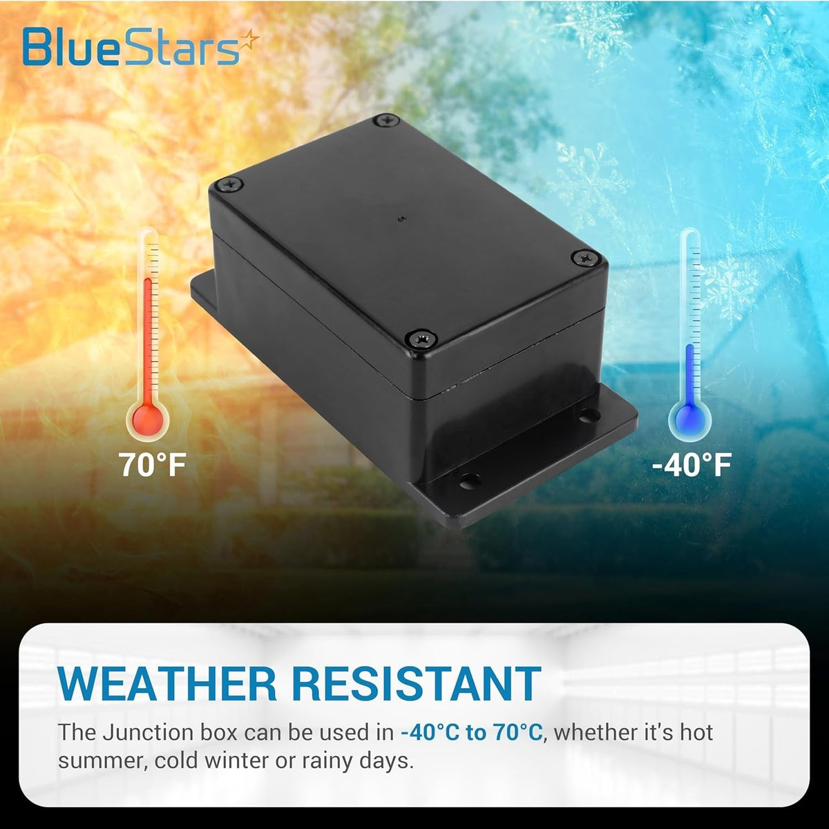 Single black ABS plastic project box with fixed ears showing weather resistance from -40°F to 70°F.