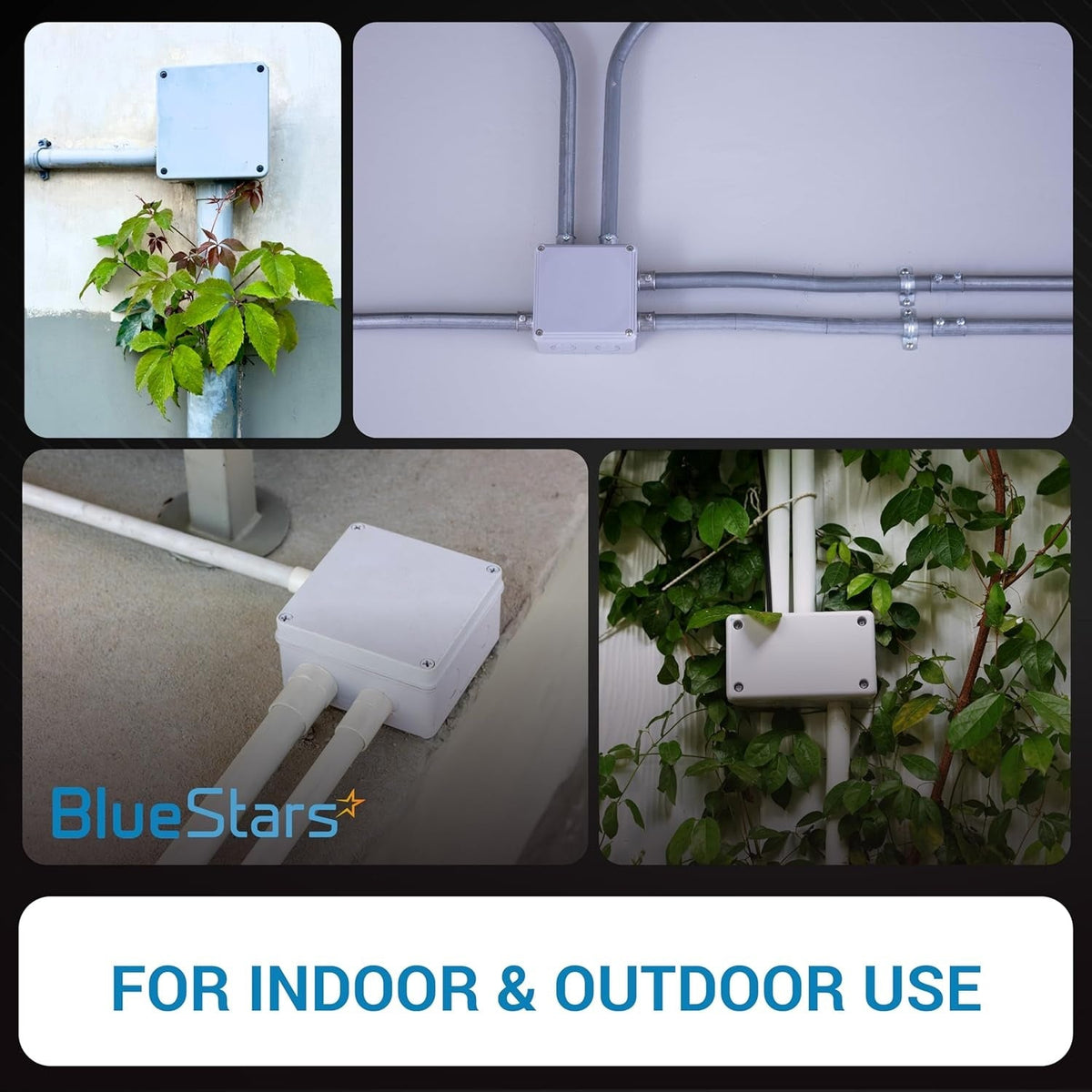 Collage of IP65 ABS plastic project boxes installed for indoor and outdoor electrical wiring applications.