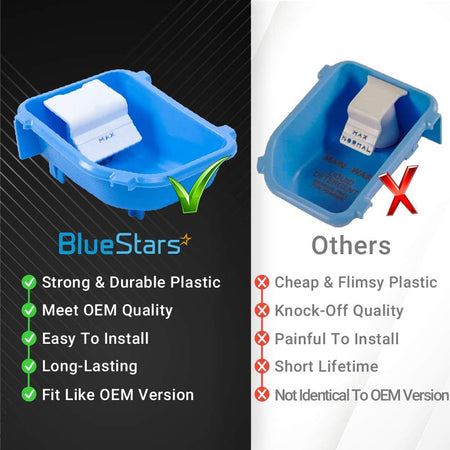 Comparison chart showing BlueStars 3891ER2003A washer liquid detergent box assembly versus generic alternatives.