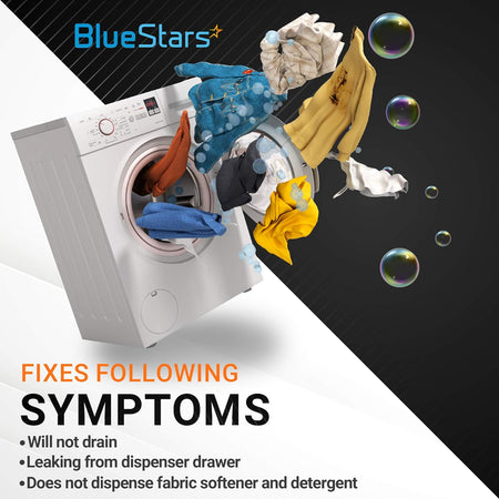 Informational graphic showing a washing machine and symptoms fixed by the 3891ER2003A detergent box assembly.
