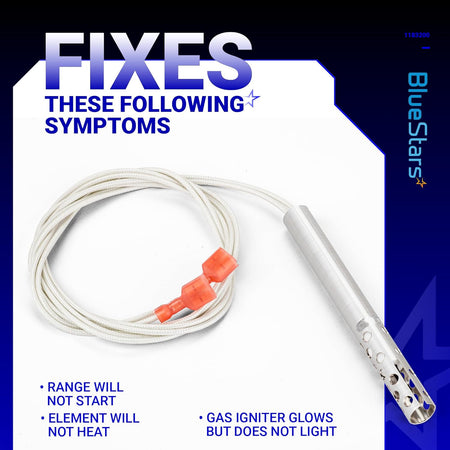 1183200 round hot surface igniter for Southbend ranges with wire leads and connectors, showing common repair symptoms.