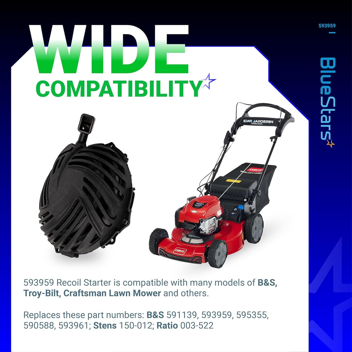 Recoil pull starter assembly for B&S lawn mower engines with wide compatibility graphic.
